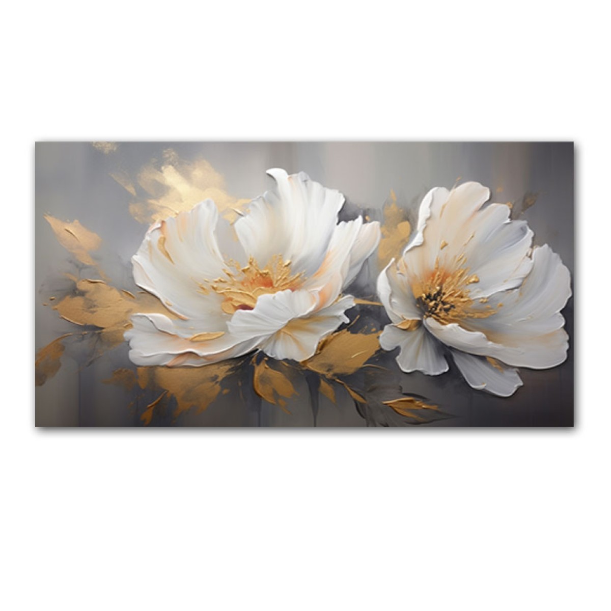 White Flowers with Gold Leaves III 3d Heavy Textured Partial Oil Painting